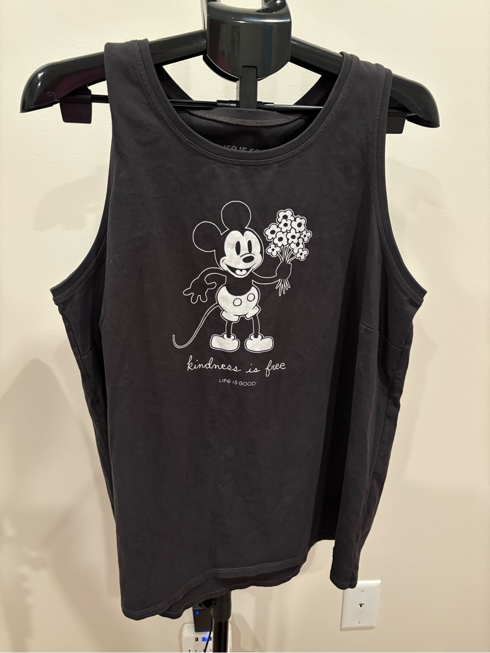 Life Is Good Black Graphic Tank with Floral Mickey Mouse Character Print